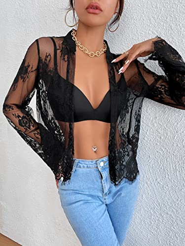 Romwe Women's Floral Lace Cardigan Long Sleeve Open Front Top Black Xl #TOP2