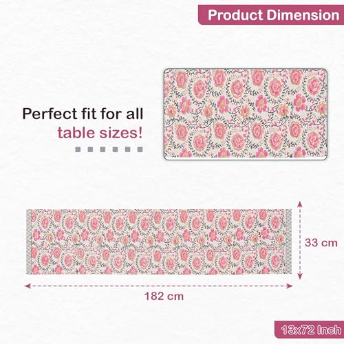 Image of Kuber Industries 13x72 Inch Dining Table Runner for Home Decor | 6 Seater Cotton Table Protecter Use for Kitchen & Buffet Cabinet | Flower Print - White & Pink
