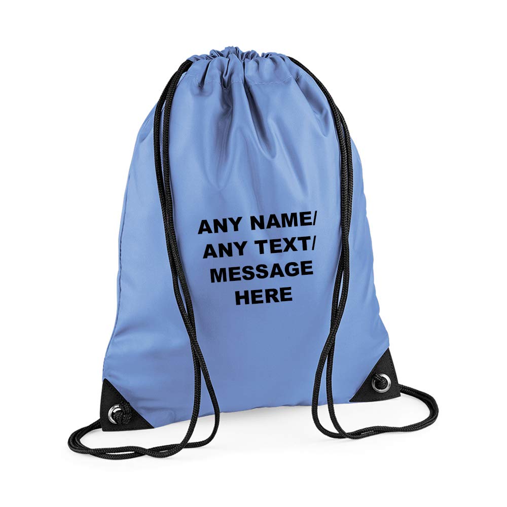 Getagift Personalised with your Own Any Name/Message/Text Premium Drawstring Bag, PE Gym Kit School, Swimming, Birthday/Secret Santa, PE Kids Sport Rucksack. (Laser Blue)