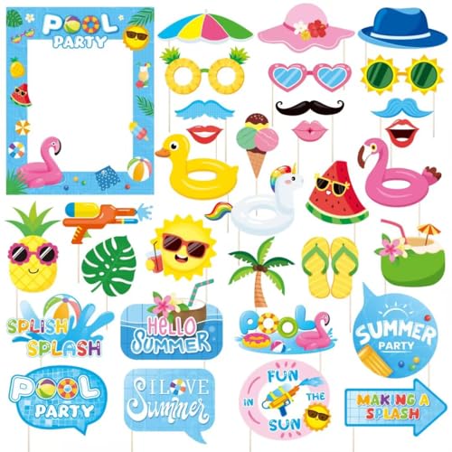 33Pcs Pool Party Photo Booth Props with Blue Frame Pool Party Decorations