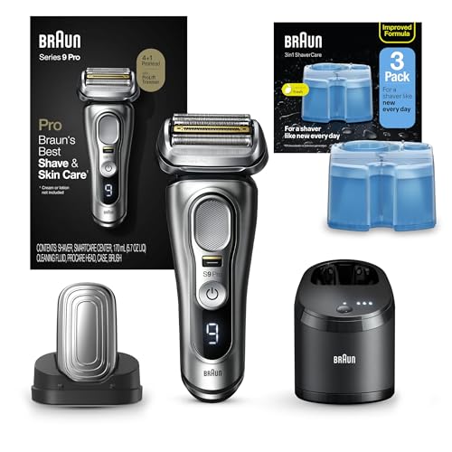 Image of Braun Series 9 Pro 9487cc Electric Razor for Men, Wet & Dry, Rechargeable, Electric Shaver with Clean & Charge Station and ProCare Attachment w / Clean & Renew Refill Cartridges CCR, 3 Pack