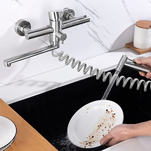 Wall Mount Faucet With Side Sprayer, Stainless Steel Kitchen Sink Faucet, Nickel Brushed Commercial Faucet, 7.7-8.3 Inches Center, Lead-Free, No Drilling Required, Spout Reach 9.2" #TOP1