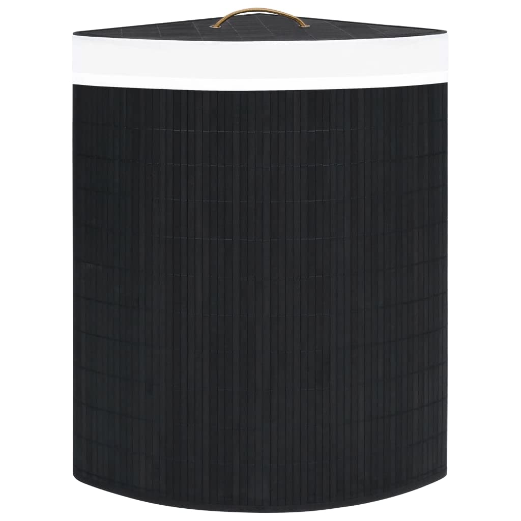 Cesto para la colada esquinera de bambú negro, 60 litros, con bolsa de tela extraíble, plegable, asa, ahorra espacio, versátil para cuarto de baño, dormitorio, habitación infantil, lavandería