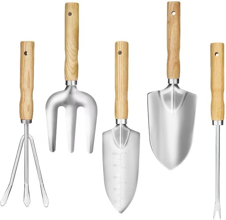 Juego de herramientas de jardín, herramientas manuales de acero inoxidable de 5 piezas con asas de madera