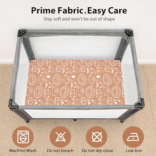 Image of Baby Mini Crib Sheets Boy, Portable 38 inchx26 inch Pack and Play Sheets Fitted for Playard and Pack N Play Mattress, 3-Pack Soft Microfiber Orange Animal World