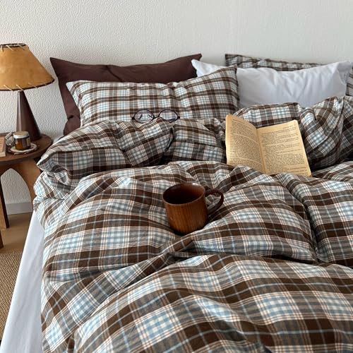 Image of Gingham Duvet Cover Full Size Brown Blue Buffalo Plaid Bedding Set 3 Pieces Vintage Grid Checkered Soft Lightweight Microfiber Comforter Cover Set with Zipper Closure and 2 Pillowcases