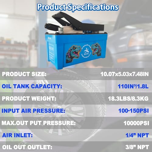 Image of Air Hydraulic Pump 0.45 Gal 10,000 PSI Reservoir NPT 3 /8 inch Oil Outlet, NPT 1 /4 inch Inlet, Air Hydraulic Foot Pump Made of Aluminum, Blue