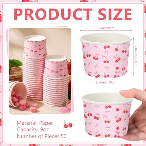 Image of Funnymoom 50 Pack Cherry Bow Ice Cream Cups 9 oz Pink Bow Cherry Disposable Dessert Bowls Coquette Paper Soup Bowls Snack Cups for Hot or Cold Food for Baby Shower Wedding Bachelorette Birthday Party