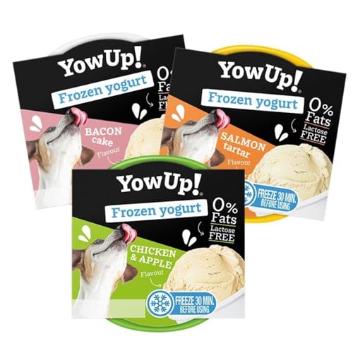 YowUp! Hunde-Frozen Yogurt gemischt 12er Box 110 g - laktosefrei 0% Fett und ohne Zuckerzusatz erfrischender Hundesnack für den Sommer in den Sorten Bacon Cake Hähnchen + Apfel & Lachs Tartar