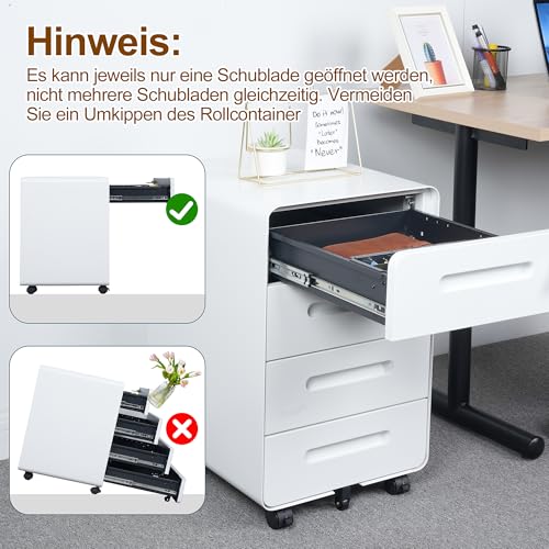 HOMSTEEL Rollcontainer, Mobiler Aktenschrank mit Schloss, Abgerundeten Ecken, 4 Schlüssel, 4 Schubladen, Büroschrank aus Metall, Bereits Vormontiert, für Büro, Heimbüro, 46T x 40B x 64H cm, Weiß