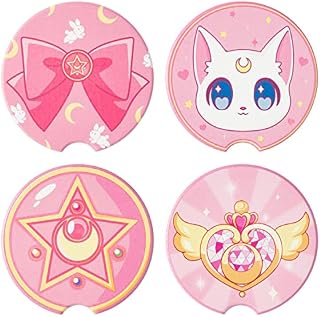 GROBRO7 4Pcs Anime Moon Cat Kawaii Car Coasters Set with Finger Notch Cute Cartoon Artemis Cork Drink Coaster, Heat Resistant Anti Slip Auto Cup Holder Insert Base, Warm Gift for Students Decor
