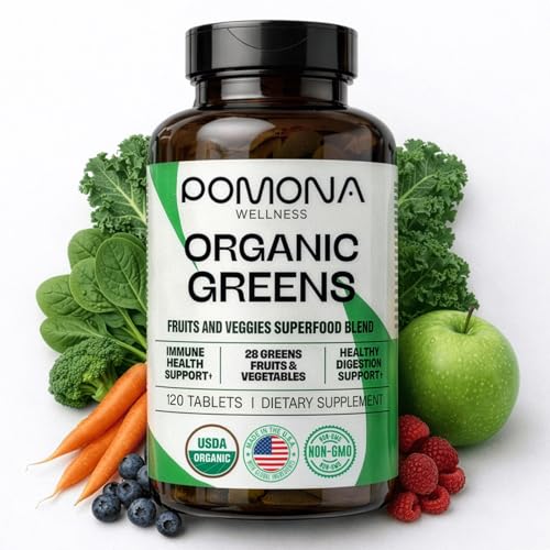 Pomona Wellness Super Greens Supplement, Full of Superfood Vitamins & Minerals, Fruits & Vegetable, Greens Powder for Bloating and Digestion, Gut Health, USDA Organic, Non-GMO, 120 Tablets