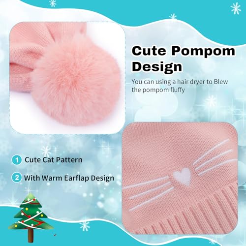 Image of Kids Beanie with Ear Flaps for Boys Girls Cat Knit Hats Fleece Lining Winter Outdoor Skull Snow Ski Cap Age 2-10