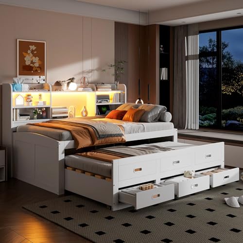 KOMHTOM Canapé-lit Multifonctionnel avec Éclairage d'ambiance à LED et Port de Charge, Lit de Jour avec lit gigogne, 3 Tiroirs et étagère de Rangement(sans Matelas) (Blanc-90x200 cm)