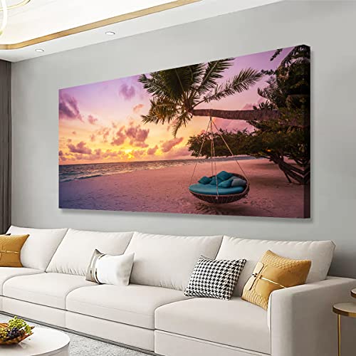 Purple Beach Palm Pictures Canvas Wall Art For Living Room Bedroom Wall Decor,Sunset Wall Art Print Paitnings For Home Decor,Morden Artwork Coconut Tree Canvas Art Ready To Hang-28x57 Inches
