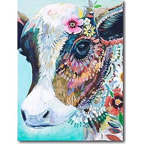 YEESAM ART Neuheiten Malen nach Zahlen Erwachsene, Bunte Kuh und Blumen 40x50 cm Leinen Segeltuch Cover