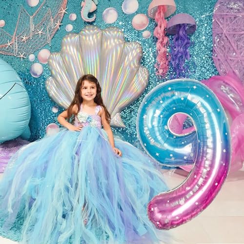 Image of Mermaid Starry Number 9 Balloons, 40 Inch Large Purple Blue Pink Foil Number Balloons Set 0-9 for Girls, Globos de Numero 9 Helium Balloon for 9th Age Birthday Anniversary Party Decorations Supplies