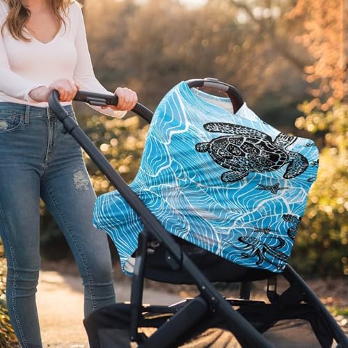 Image of Sea Turle Car Seat Covers Multi-Use Nursing Cover for Baby Infant,Carseat Canopy,Soft Breastfeeding Covers Baby Nursing Cover Easy to Install