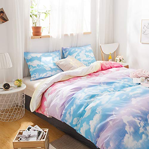 Kimko Kids Rainbow Duvet Cover Set Clouds Sky Bedding Set For Bedroom,Soft,Comfortable And Breathable【 3Pcs -1 Duvet Cover + 2 Pillowcases】(# Rainbow, Full/Queen) #TOP1