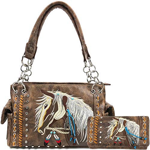 Zelris Dakota Dales Pony Horse Embroidery Mane Western Country Women Conceal Carry CCW Shoulder Handbag Purse with Wallet Set (Brown)