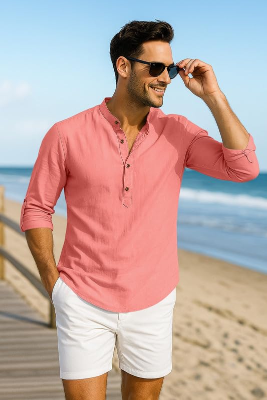 Image of Macsivo Men's Cotton Blend Solid Short Kurta with Mandarin Collared Full Sleeve Drawstring Stylish Straight Length | Kurta for Men Stylish
