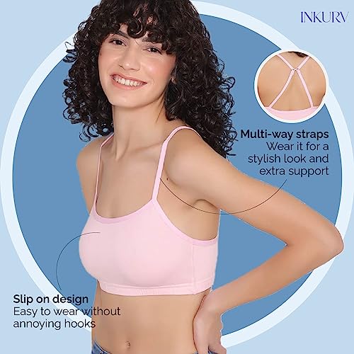 Image of INKURV Slip on Beginner's Bra for Girls, Non Padded, Non Wired, No Hooks with Double Layered Fabric, Adjustable Straps, Wirefree Sports Bra- Lisa Combo of 3