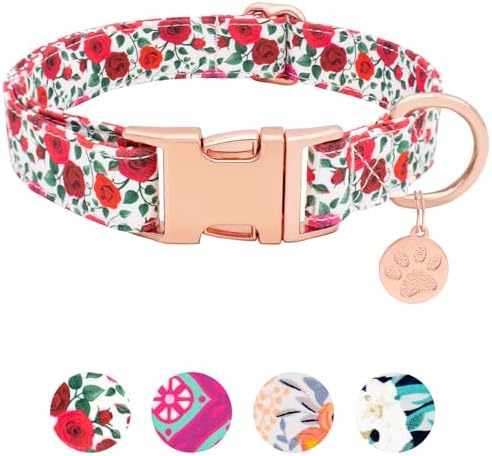 Soft Cotton Dog Collar, Adjustable Dog Collar with Metal Buckle, Red Rose with Pendant Girl Boy Dog Collars Gift for Small Medium Large Dogs (Medium)