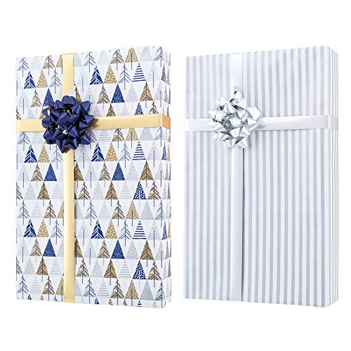 Gold + Silver + Blue Reversible Wrapping Paper Set: 4 Rolls (8 Designs) of Premium Gift Wrap (80 sq. ft.) with 30 Coordinated Bows, 2 Spools of Ribbon, and 24 Gift Tags - Thumbnail 4