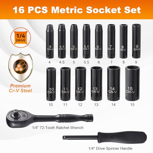 Image of Reniteco 16-Piece 1 /4 inch Drive Socket Set, Metric (4mm-15mm), Deep Sockets, 72-Tooth Ratchet Wrench, Drive Spinner Handle, 6 Point Design, Cr-V