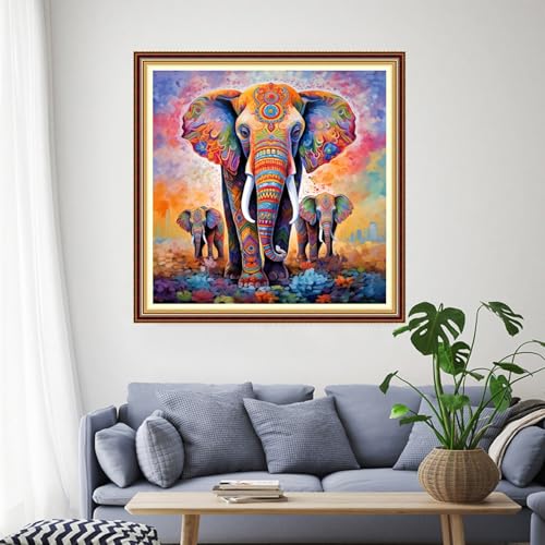 Image of Funchey Stamped Cross Stitch Kits, DIY Cross Stitch Pattern for Adults Beginners Needlepoint Kits Embroidery Kit Arts and Crafts 11CT-Colored Elephant 18x18 inch