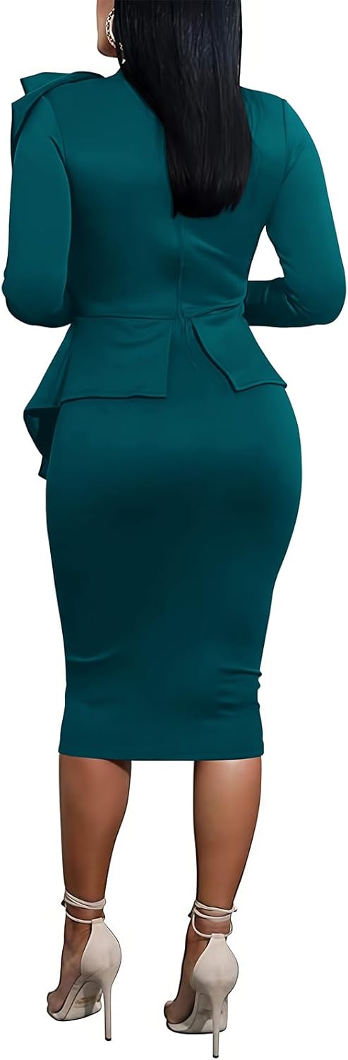 Women's Peplum Bodycon Long Sleeve Wear to Work Dresses Bow Party Club Ruffle Formal Cocktail Pencil Dress - Image 3