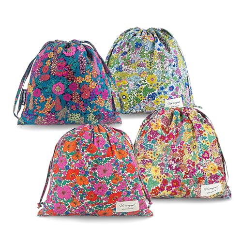RoyYam 4 Pack Vivid Floral Cotton Drawstring Gift Bags 10.2 x 11in
