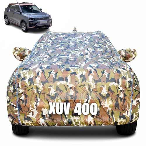 Image of 100% Waterproof Car Body Cover for Mahindra XUV 400 (2023-2025) with Mirror Pocket (Heat & UV Resistant, Triple Stitched, Soft Lining, Bottom Elastic & Piping) Camouflage, Military Print