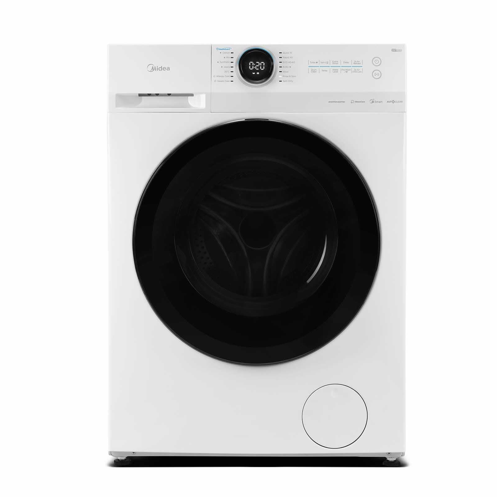Midea MF20EW80WB Freestanding Washing Machine, BLDC Motor, Bright LED Display Lunar Dial, Steam, Allergy Care, Half-Load, Add Garment, Delay Start, Child Lock, APP Control, 8 kg White