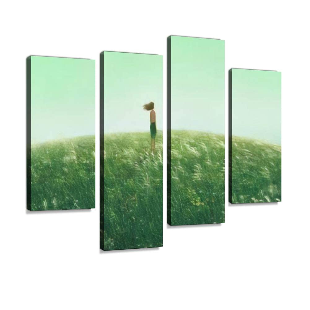 Canvas Print Artwork Lonely freedom dream and hope concept Young woman standing alone in a Wall Art Pictures Framed Digital Print Abstract Painting Room Home Office Decor Ready to Hang - 4 Panel