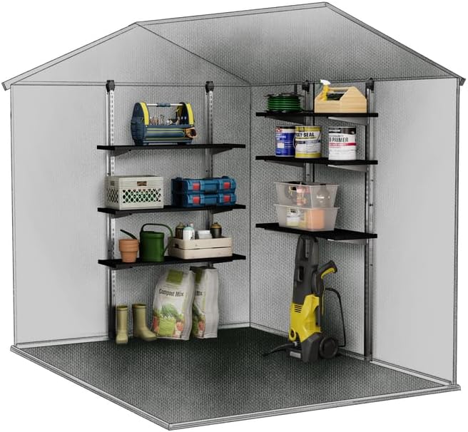 Diagram showing shelf installation in a shed corner
