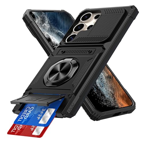 IMEIKONST for Samsung Galaxy S23 Ultra Case with Card Holder, Camera Protection Cover & Magnetic Ring Kickstand, Hard PC Back Shockproof Phone Case for Samsung Galaxy S23 Ultra. Black TCKB