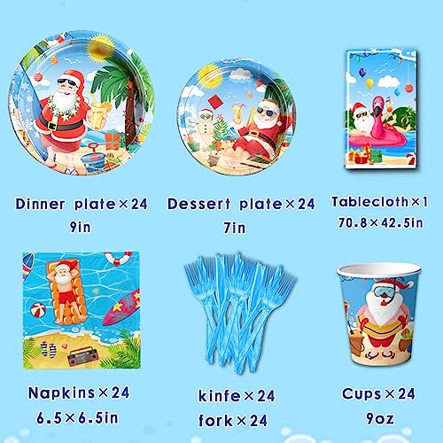 145Pcs Summer Christmas Tableware Set Decorations Santa Hawaiian Beach Pool Mele Kalikimaka Party Supplies Cup,Tablecloth,Plates,Napkins,Forks And Knives #TOP3