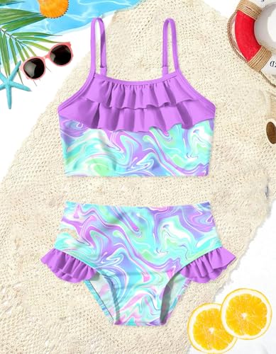 Image of Little Girls Two Piece Mermaid Bikini Set Ruffle Adjustable Summer Beach Bathing Swimsuit 3-7 Years for Kids