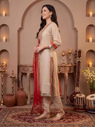 Image of INDO ERA Women's Silk Blend Embroidered Sequinned Kurta & Pant with Dupatta Set (IEAI13251)|Kurti Set For Woman