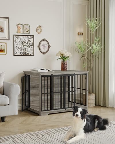 XL Large Dog Crate Furniture, 44.1" Indoor Dog Kennel Furniture with Barn Door, Wooden Tall Dog Crate, Heavy Duty Dog Cage for Large Dogs, Side End Table, Anti-Chew, Greige Black DFC80105B