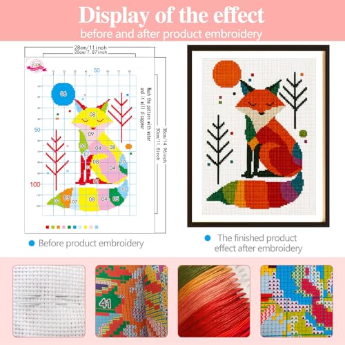 Image of Zhenqing Rainbow Fox Cross Stitch Kit - 11CT Pre-Printed 28x38cm Fabric with Threads & Needle (No Tools) (68571)
