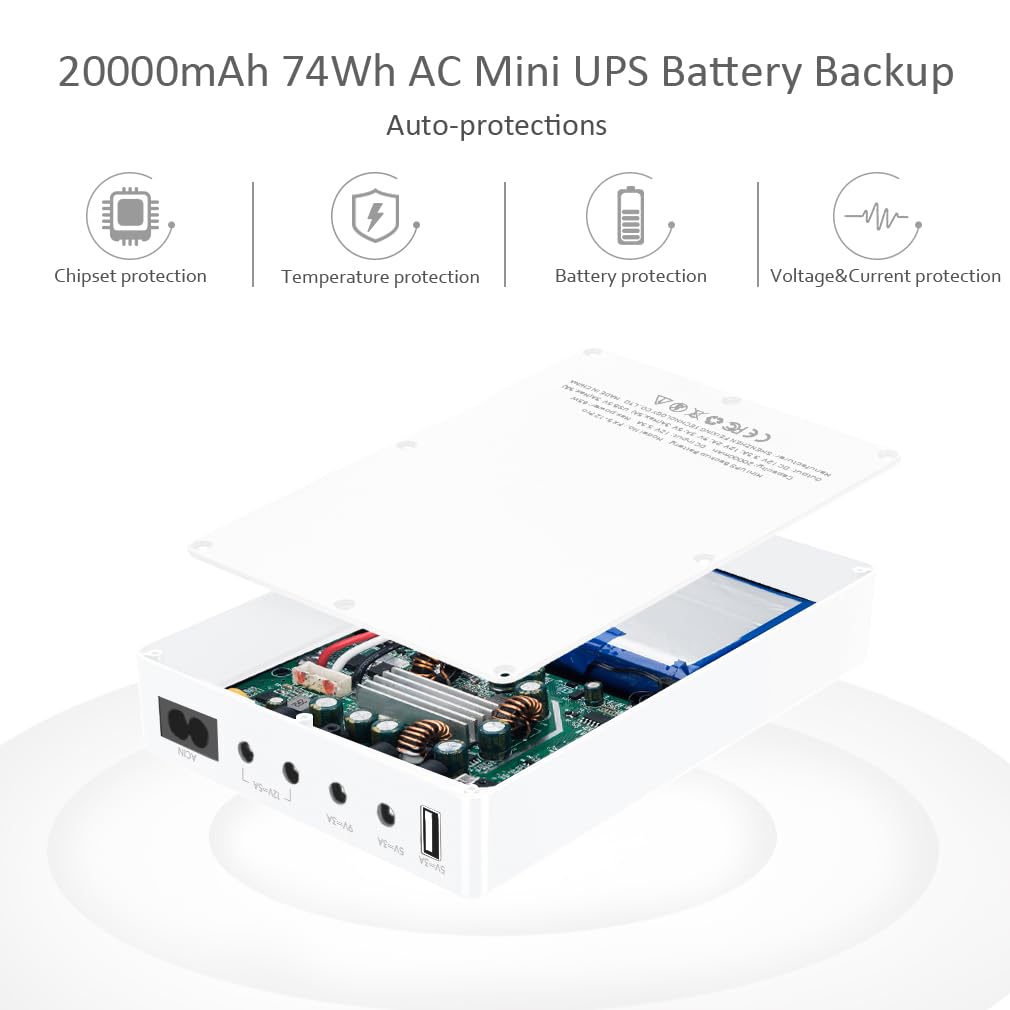 Mini UPS Gruppo di continuità per router, modem, fotocamera con ingresso AC uscita USB 5V DC 5V 9V 12V 3A (74Wh bianco)
