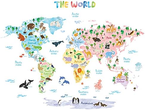 DECOWALL DLT-1615 Animal World Map Kids Wall Stickers Wall Decals Peel and Stick Removable Wall Stickers for Kids Nursery Bedroom Living Room (XLarge) Decor