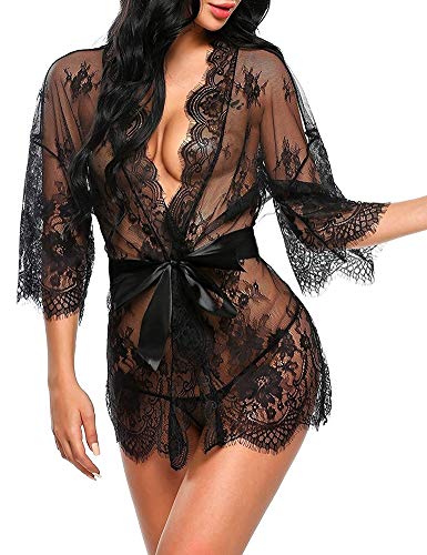 FeMereina Frauen Lace Kimono Robe Babydoll Dessous Mesh Nachthemd Sexy durchsichtig Braut Dessous (Schwarz, M) Cover