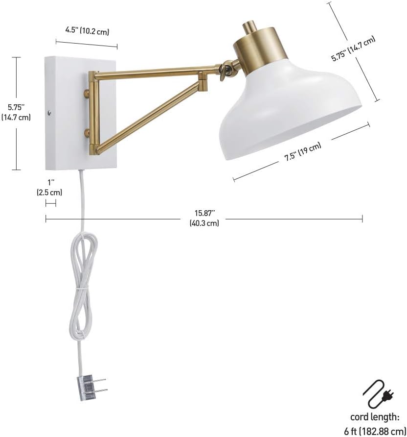Globe Electric 51344 1-Light Plug-in or Hardwire Swing Arm Wall Sconce, White, Brass Accents, White Cloth Cord, Wall Lighting, Wall Lights for Bedroom, Kitchen Sconces Wall Lighting, Home Décor - 