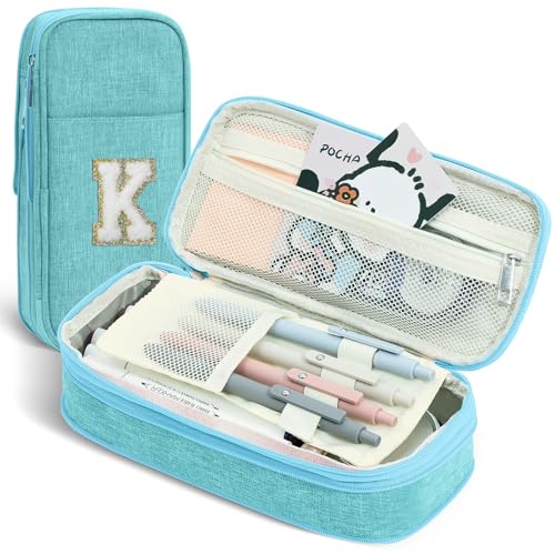 Image of Preppy Pencil Case for School Supplies, Large Initial Pencil Pouch with Zipper, Cute Pencil Bag for Office Supplies, Aesthetic Pen Case Box for Kids Teen Girls Women - K(Blue)