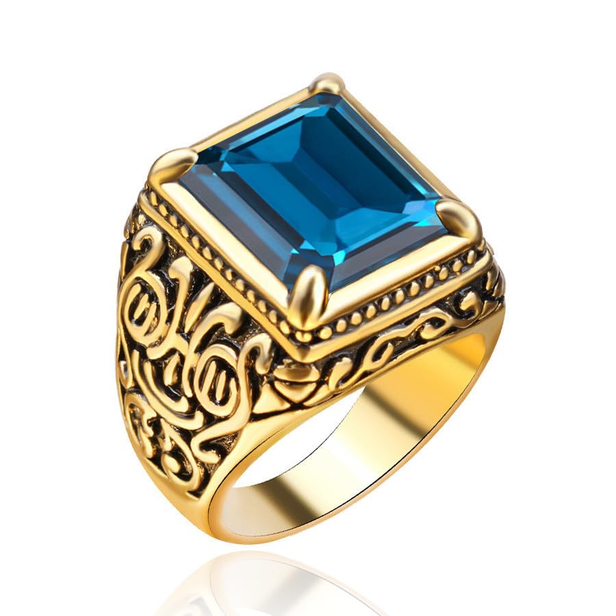 10K/14K/18K Gold 3CT Vintage Emerald-cut Gemstone Men's Ring,Black Onyx/Sapphire/Ruby/Emerald/Topaz/Garnet Signet Anniversary Rings Engagement Rings Handmade Jewelry for Man Him Father Size 4-16