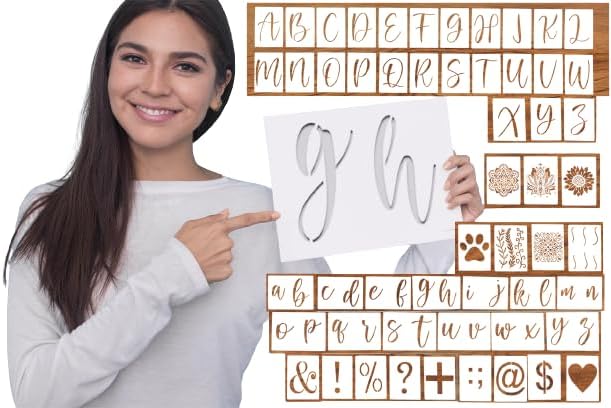 Miniatura 6 de Cachi Plantillas de letras grandes de 6 pulgadas para pintar sobre madera, lienzo y más  55 plantillas reutilizables de caligrafía del alfabeto,