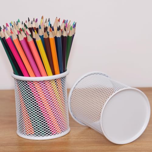 SNOW COOLER Pen Holder Mesh Pencil Holder Metal Pen Holder Cup Pencil Cup Holder for Desk Office Pen Organizer White, 4 Pack